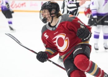Alexa Vasko celebrates one of her two goals for the Ottawa Charge against the Minnesota Frost on March 11, 2025 - Photo @ Ellen Bond / Dub Hockey