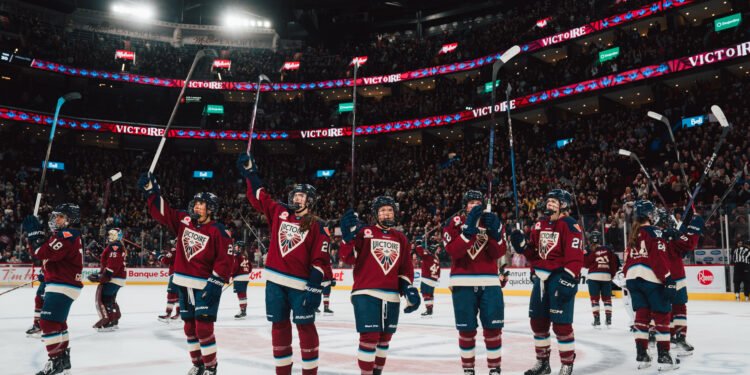 The Montreal Victoire celebrate after their win at the Bell Centre