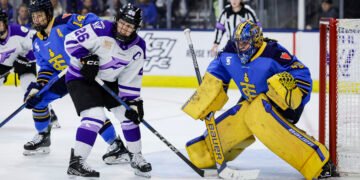 Kendall Coyne Schofield sets up out front of Kristen Campbell in Sunday's game between the Minnesota Frost and Toronto Sceptres - Photo @ PWHL