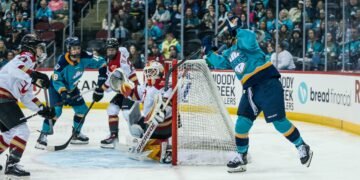 Abby Roque scores a Michigan style goal for the New York Sirens - Photo @ PWHL