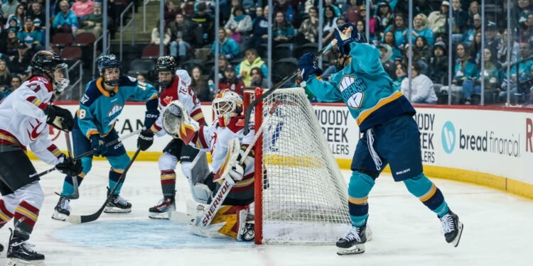 Abby Roque scores a Michigan style goal for the New York Sirens - Photo @ PWHL