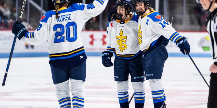 Daryl Watts celebrates one of her two goals for the Toronto Sceptres against Boston on March 26, 2025 - Photo @ PWHL