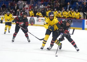 PWHL players (L-R) Lina Ljungblom, Emma Maltais, Anna Kjellbin, and Sarah Nurse compete in the 2024 IIHF women's World Championship in Utica - Photo @ Ellen Bond