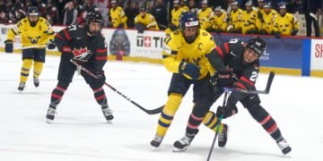 PWHL players (L-R) Lina Ljungblom, Emma Maltais, Anna Kjellbin, and Sarah Nurse compete in the 2024 IIHF women's World Championship in Utica - Photo @ Ellen Bond