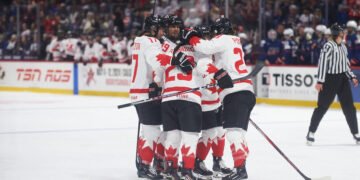 Canada celebrates a goal in the gold medal game of the 2024 World Championships - Photo @ Ellen Bond