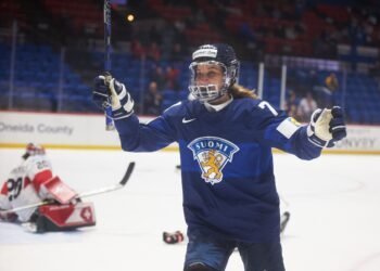 Susanna Tapani celebrates a Finnish goal at the 2024 World Championships - Photo @ Ellen Bond