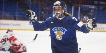 Susanna Tapani celebrates a Finnish goal at the 2024 World Championships - Photo @ Ellen Bond