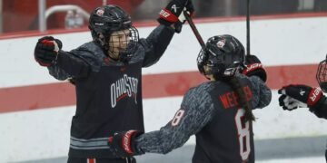 Makenna Webster and Maddi Wheeler celebrate a goal with Ohio State - Photo @ Ohio State Athletics
