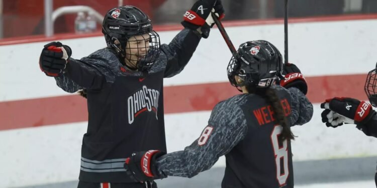 Makenna Webster and Maddi Wheeler celebrate a goal with Ohio State - Photo @ Ohio State Athletics