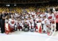 The Wisconsin Badgers women's hockey team celebrates their 2025 WCHA title. They enter the 2025 NCAA women's hockey national championships as the top seed - Photo @ Wisconsin Athletics