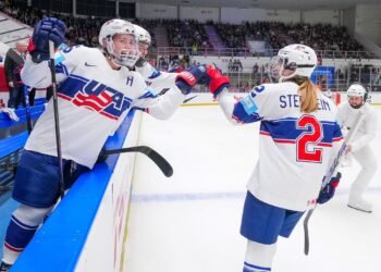Lee Stecklein celebrates her goal for USA against Canada at the 2025 World Championships - Photo @ USA Hockey