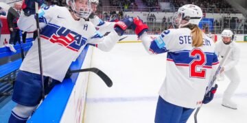 Lee Stecklein celebrates her goal for USA against Canada at the 2025 World Championships - Photo @ USA Hockey