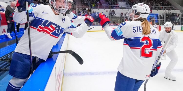 Lee Stecklein celebrates her goal for USA against Canada at the 2025 World Championships - Photo @ USA Hockey