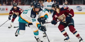 Sarah Fillier of the New York Sirens carries the puck through the neutral zone in Montreal - Photo @ PWHL