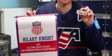 Hilary Knight celebrates her record setting 50th assist - Photo @ IIHF / X